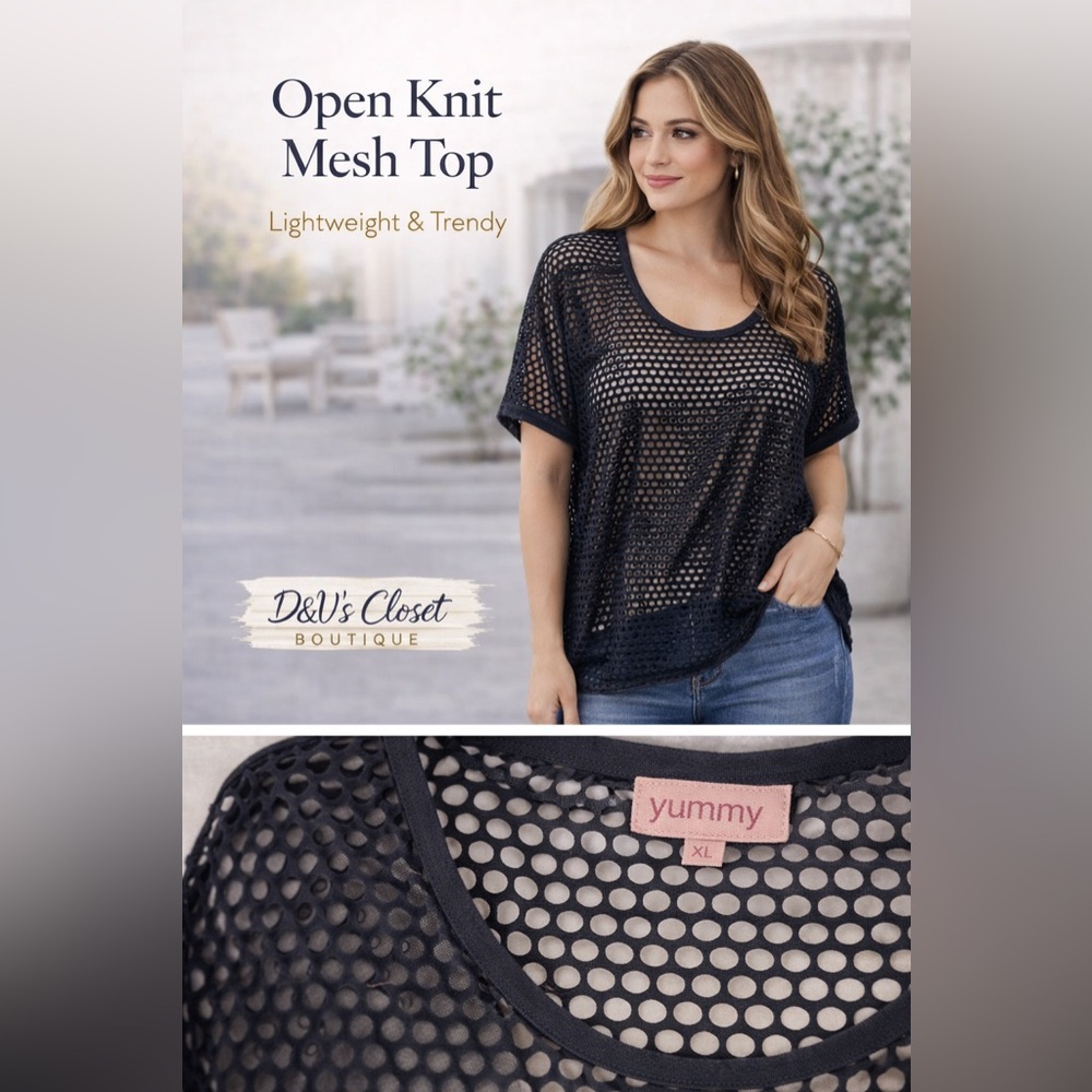 SJS Black Mesh Knit Top Sheer Open Weave Short Sleeve Size L Layering Top